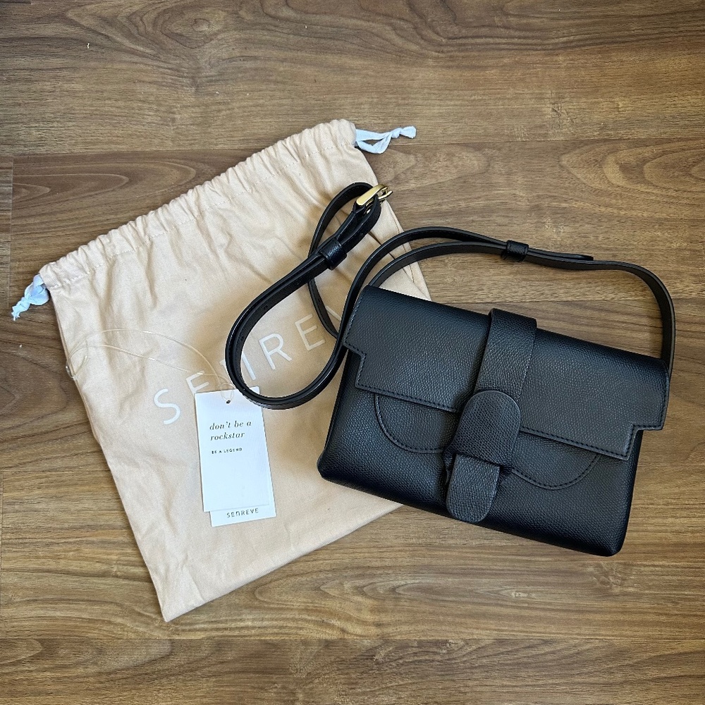 Senreve Aria Belt Bag in Black Noir Pebbled Leather with Gold hardware